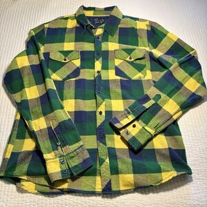 FOX Shirt Men's XL Button Down Plaid Yellow Flannel Heavy Racing Motocross ATV